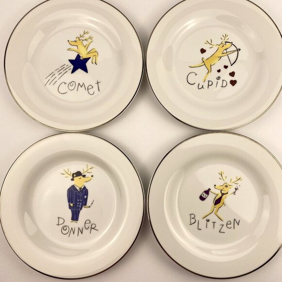 Pottery Barn Reindeer 8.5 in side/salad/dessert plates set of 4, Comet, Blitzen - Picture 1 of 8